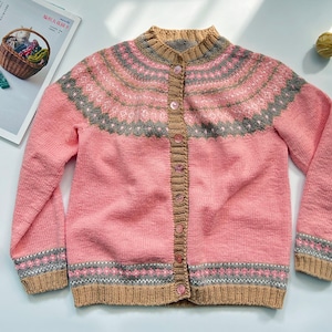 Jane's Handkint Fairisle women Cashmere Yoke cardigan petal pink lightweight vintage personalize sweater Christmas gift Pastel wool cardigan