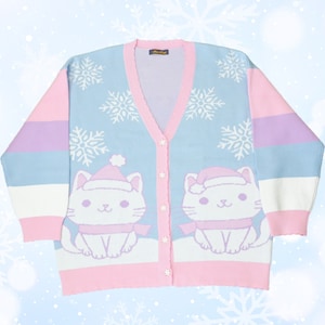 Christmas cat cardigan, Christmas sweater, Rainbow clothes, fairy kei, Kawaii clothing - Pastel clothing - Oversized