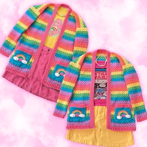 Pastel Rainbow Cardigan, Unisex Colorful Striped Crochet Cardi, Snuggly Fairy Kei Sweater, UK Ladies Size 4-30, Yume Kawaii Top, Cute Jumper