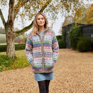 Women's Pastel Fair Isle Cardigan - Cosy Hand Knitted Cardi - Blue Pink Grey Cardigan - Ethical Gift - Fair Trade - Pachamama