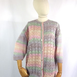 Vintage Hand Knit Wool Cardigan: Pastel Ombre Cable Knit, Plus Size