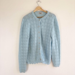 Vintage 80s Pastel Blue Eyelet Crochet Knit Cardigan by Parkway Knits size Medium