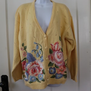 Yellow Cotton Cardigan Sweater with Pastel Flowers- Yellow Cardigan with Spring Flowers and Pearls - No itch V-neck Cotton Cardigan Sweater