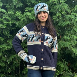Hand-Knit Lamb Wool Cardigan: Puffin Design Sweater, Coconut Shell Buttons, Faire Trade