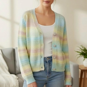 Women’s Pastel Striped Sweater Cardigan Diamond Button Up Layered Sweater Tie Dye Stripes
