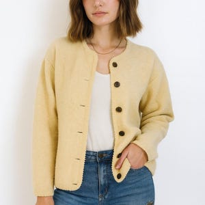 Vintage 1960s Tally Ho Yellow Cream Acrylic Cardigan Sweater L