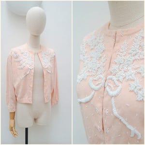 1950s Beaded Lambswool cardigan, 50s Lined soft wool sweater, Pastel beading Bima Knits jumper - L