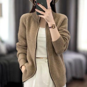 Women’s 100% Wool Zipper Cardigan – Cashmere Knitted Coat with Stand Collar