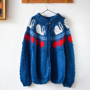 Handmade vintage swan cardigan, Hand knitted blue wool winter jacket - Women's MEDIUM size