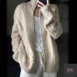 Hand-Knitted Wool Cable Knit Cardigan - Full Zip High Collar Sweater Cozy Winter Layer