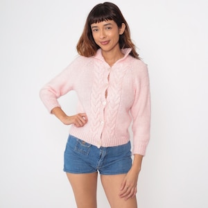 Pink Cardigan Sweater 80s Vintage Cable Knit Button Up Fuzzy Pastel Crop Short Sleeve Soft Acrylic Knitted Coquette Cottagecore Small S